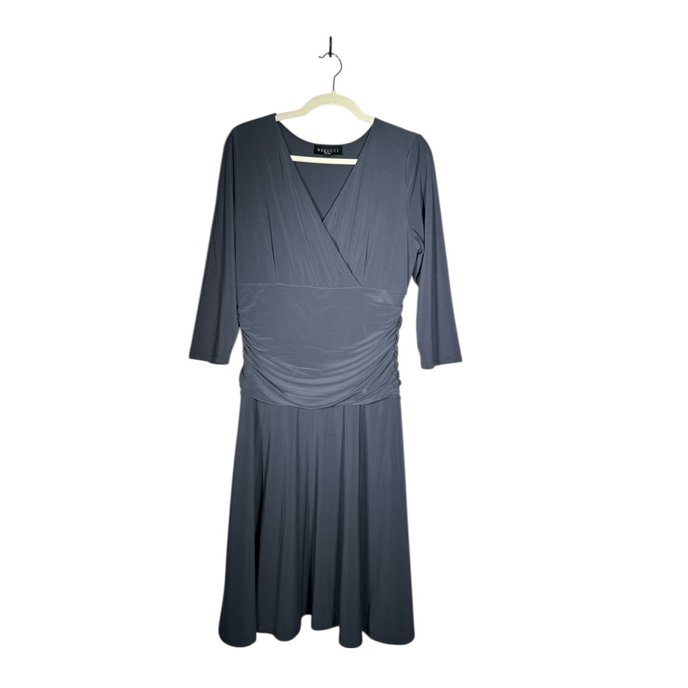 Rekucci Womens Charcoal V Neck 3/4 Sleeve Ruched Wrap Midi Dress Size‎ 12
